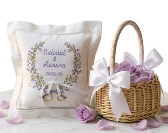 Personalized Wedding Basket and Pillow Set, Custom Name & Date Embroidered Ring Bearer Cushion, Flower Girl Basket, Ceremony Keepsake Gift
