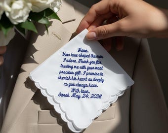 Personalized Mother in Law Handkerchief from Bride, Custom Embroidered Wedding Gift, Monogrammed Scalloped Edge Cotton Hankie, Bridal Party