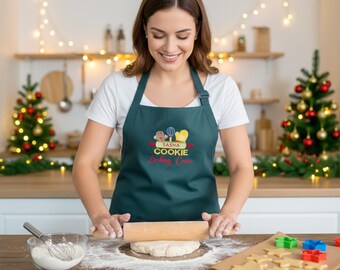 Personalized Christmas Baking Apron: Embroidered Cookie Crew, Green Cotton