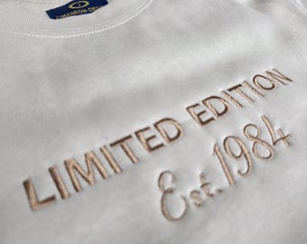 Personalized Embroidered Sweatshirt. Custom Front, Back, and Dust Bag