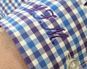 Personalized Embroidered Long Sleeve Gingham Shirt for Men, Custom Cuff Initials & Dust Bag