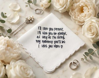 Personalized Handwriting Embroidered Handkerchief, Mother of the Bride Gift from Daughter, Custom Mom Wedding Gift, Scalloped Cotton Hankie