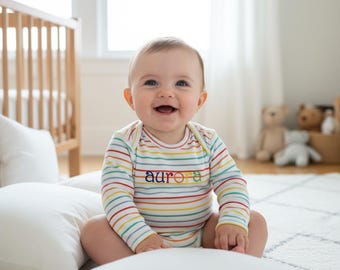 Personalized Baby Bodysuit, Embroidered Long Sleeve Onesie, Rainbow Stripe Bodysuit, Newborn Custom Gift