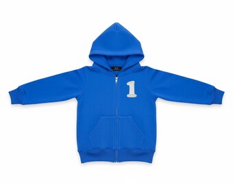 Personalized Toddler Full-Zip Hoodie, Custom Name and Number Embroidered Hooded Sweatshirt, Kids Birthday Gift