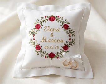 Personalized Embroidered Ring Bearer Pillow, Custom Floral Ring Holder, Names & Date Ceremony Cushion, Personalized Wedding Gift