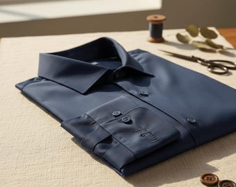 Men’s Custom Embroidered Dress Shirt, Personalized Cuff Initials, Gift Set with Dust Bag
