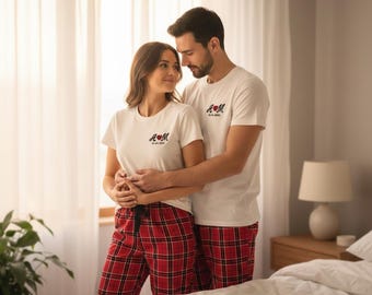 Embroidered Personalized Matching Pajamas for Couples, His and Hers Plaid PJ Set, Custom Anniversary Gift, Valentine's Day Pajamas, Duo Set