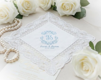 Personalized Wedding Lace Handkerchief, Custom Embroidered Bridal Hankie, Monogrammed White Cotton Lace Handkerchief, Wedding Gift for Bride
