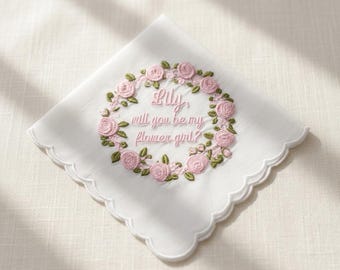 Personalized Flower Girl Proposal Handkerchief, Embroidered Scalloped Cotton Gift, Will You Be My Flower Girl, Wedding Keepsake from Bride