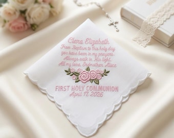 Personalized First Communion Gift for Girl, Embroidered First Communion Handkerchief, Goddaughter Keepsake, Scalloped Cotton White Hankie