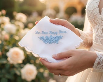 Happy Tears Personalized Bridal Handkerchief, Scalloped Edge Wedding Hankie, Something Blue Gift, Custom Embroidered Wedding Keepsake