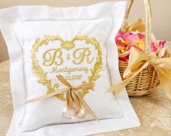Personalized Ring Bearer Pillow and Flower Girl Basket Set, Custom Embroidered Wedding Cushion with Initials & Date, Wedding Keepsake Gift