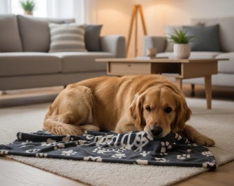 May include: A golden retriever dog lying on a gray blanket with white paw prints. The dog is resting on a light-colored rug in a living room setting. The blanket has a white script design. The dog is looking at the camera.