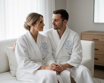 Personalized Cotton Robes for Couples, Set of 2 Custom Monogrammed Wedding Robes, His and Hers Bathrobes with Name & Date, Anniversary Gift