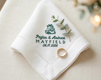 Custom Embroidered Wedding Napkins with Name and Date, Personalized Dinner Napkins, Hemstitched Table Decor, Bride and Groom Gift