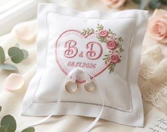 Personalized Embroidered Ring Bearer Pillow, Custom Heart Wedding Cushion with Initials & Date, Elegant Ceremony Ring Holder,Gift for Couple