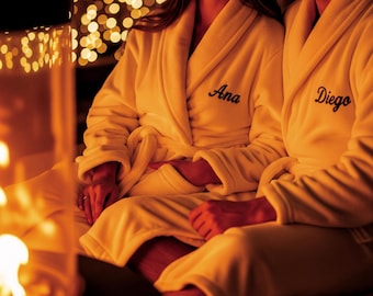 Personalized Set of 2 Bathrobes, Luxury Plush Robes for Couples, Custom Embroidered His and Hers Ivory Robes, Wedding or Anniversary Gift