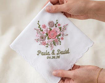 Personalized Wedding Handkerchief for Bride, Embroidered Floral Bridal Hankie, Scalloped Cotton Wedding Gift, Custom Names & Date