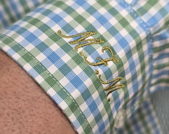 Personalized Embroidered Long Sleeve Gingham Shirt for Men, Custom Cuff Initials, Dust Bag