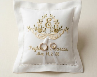 Personalized Embroidered Ring Bearer Pillow, Custom Floral Ring Holder Cushion, Wedding Gift for Couple, Custom Names and Date Pillow