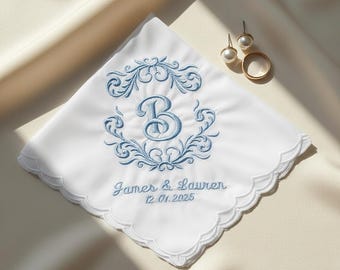 Personalized Wedding Handkerchief, Embroidered Bridal Hankie, Monogrammed Cotton Scalloped Edge White Handkerchief, Gift for Bride