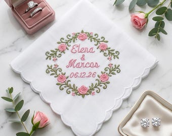 Personalized Wedding Handkerchief, Embroidered Floral Bridal Hankie, Custom Roses Design Scalloped Cotton Wedding Gift, Bride Keepsake