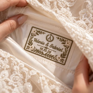 May include: A rectangular fabric label sewn onto cream-colored satin fabric. The label features an embroidered border of green leaves and small white flowers. It displays the text Valerie & Gabriel, the date 10.10.26, and a central letter A.
