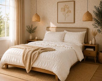 White Ruched Duvet Cover, Textured Bedding Set, Farmhouse Comforter Cover, Neutral Bedroom Decor, Boho Minimalist,