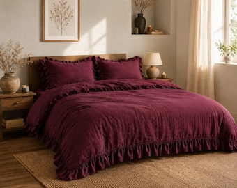 Wine Red Ruffle Cotton Duvet Cover Set, Farmhouse Shabby Chic Bedding