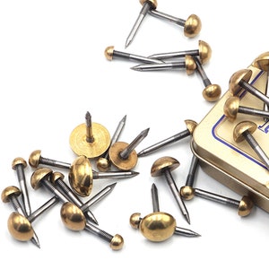 Op de afbeelding: Een verzameling decoratieve spijkers met messing koppen en zilveren schachten, verspreid over een wit oppervlak. De spijkers hebben een afgeronde, gewelfde kop en een scherpe punt. Sommige spijkers liggen in de buurt van een kleine, rechthoekige doos.