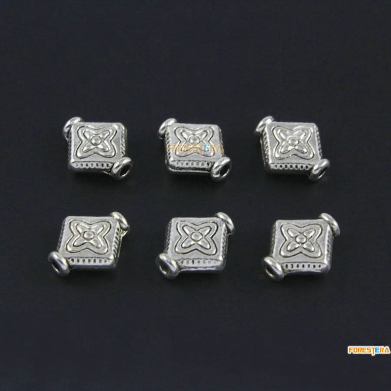 50pcs Antique Silver Rhombus Bead Rhombus Charm Flower Bracelet Bead ...
