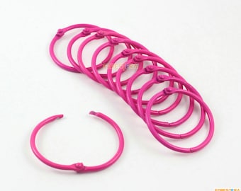 Può includere: Dieci anelli di rilegatura in metallo rosa, ognuno con un diametro di circa 2,5 cm. Gli anelli sono disposti a semicerchio, con un anello che giace separatamente.