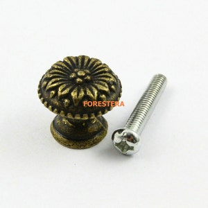 May include: A bronze cabinet knob with a floral design and a silver screw.