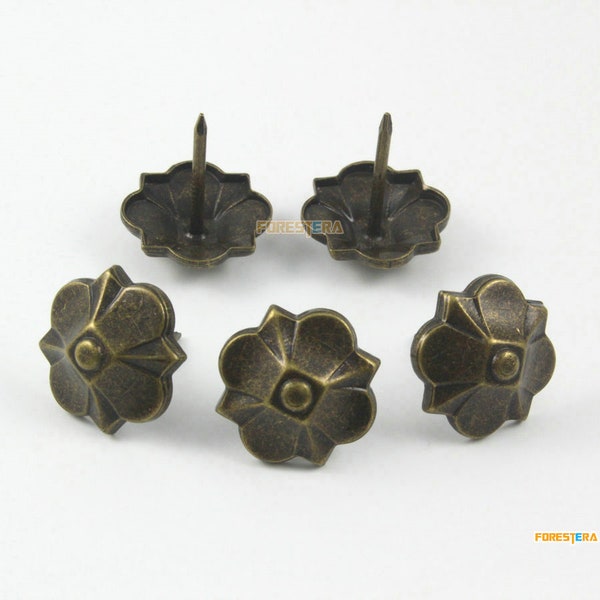 20Pcs Antique Brass Clover Shape Upholstery Tacks Nails 20x22mm (TN87)