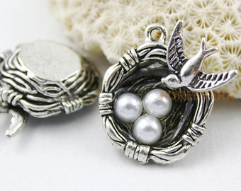 6Pcs Antique Silver Cute Bird Nest Charmes Pendant avec Oiseau et Trois Oeufs 24x24mm (PND132)