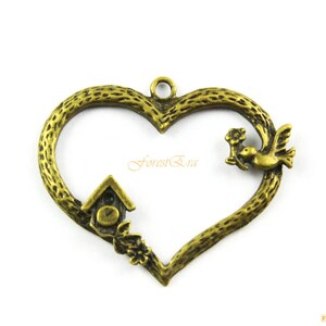 10 unids antiguo latón corazón corazón pájaro pájaro colgante 40x34mm (PND1019)