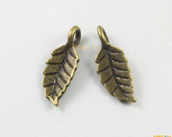 50Pcs Antique Brass Tree Leaf Charm Tree Leaf Pendant 15X8mm (PND1755)