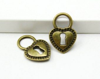 50Pcs Antique Brass heart lock Charm heart lock Pendant 17x12mm (PND342)