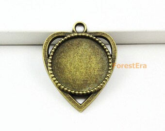 10Pcs Antique Brass Heart Cabochon Base Setting Charm Pendant 30x25mm - Inside: 18mm (BASE063-27322)