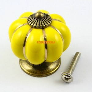 Peut inclure: Bouton de porte en céramique jaune en forme de citrouille avec des accents dorés et une base en laiton. Le bouton est livré avec une vis argentée.
