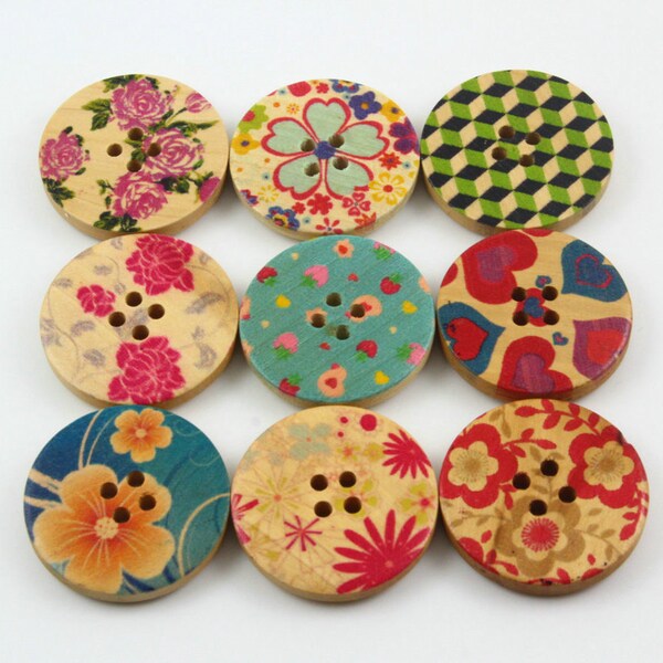 1 Set 45 Pieces 30mm Flower Painted Wood Buttons Floral Assortment Buttons (ZH38)