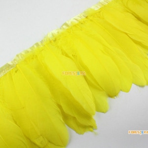 Puede incluir: Borde de plumas amarillas con un respaldo de cinta de satén. Las plumas son suaves y esponjosas, y la cinta es de un amarillo brillante.