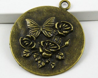 10Pcs Antique Brass Rose Tag Charm Rose Tag Pendant 43mm (PND411)