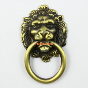 May include: A gold lion head door pull with a ring handle. The lion's face is detailed with a mane and whiskers.