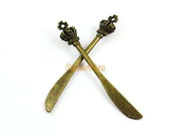 10Pcs Antique Brass Crown Knife Charm Crown Knife Pendant 60x8mm (PND967)