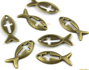 50Pcs Antique Brass Fish Charm Fish Pendant 20x8mm (PND1348)