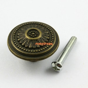 May include: A round, antique brass cabinet knob with a decorative floral design and a matching screw.