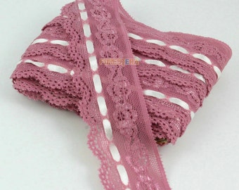 Elastic Terylene Lace Trim Pink Floral Lace Ribbon 3cm Width -- 5 Yards (LACE474)