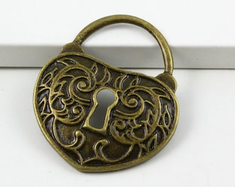 10Pcs Antique Brass Heart Lock Charm Heart Lock Pendant 41x35mm (PND387)