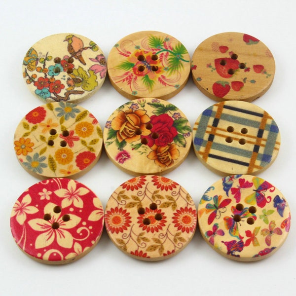 1 Set 45 Pieces 30mm Flower Painted Wood Buttons Floral Assortment Buttons (ZH42)